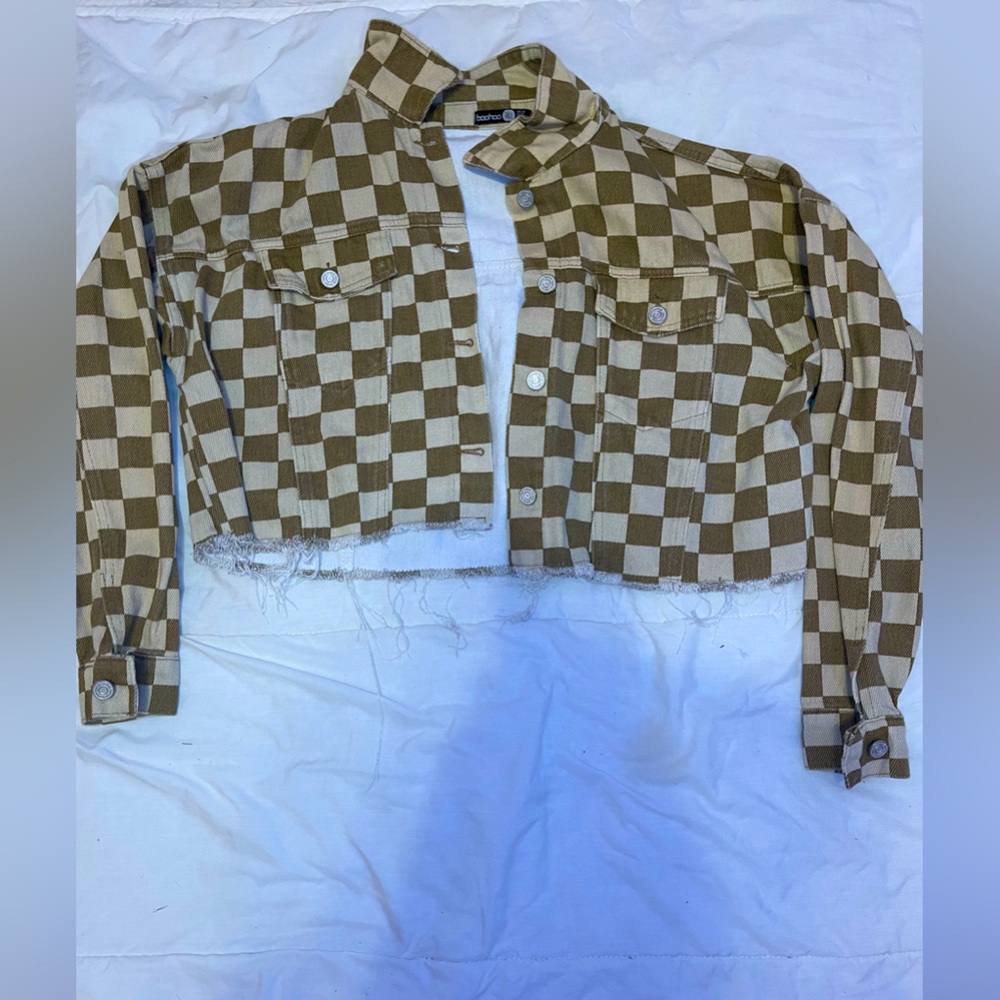 cream and brown checkered denim jacket!